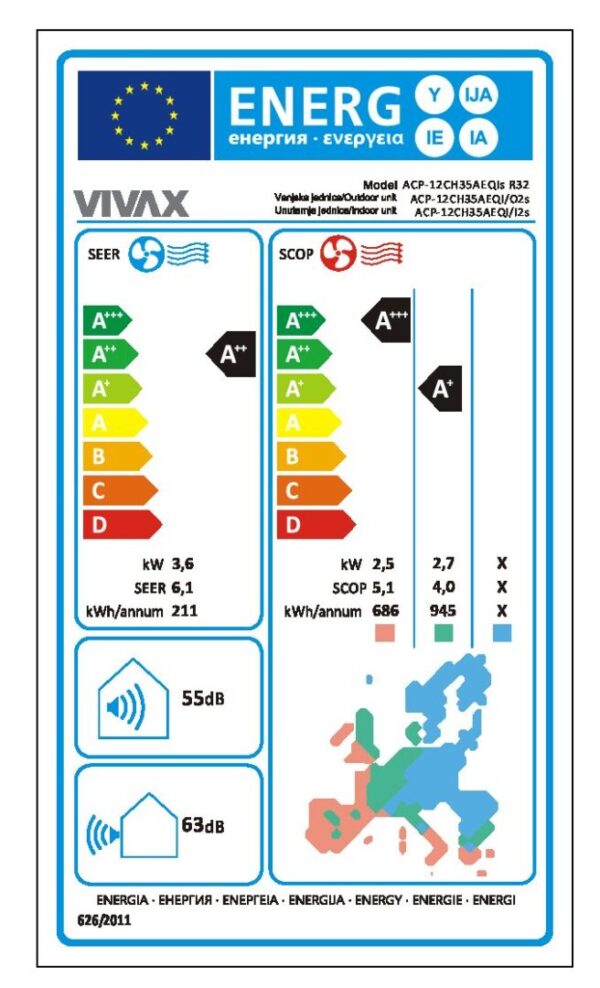 Energetska efikasnost za Vivax Q Design 3,5 kW ACP-12CH35AEQIs sustav Vivax Q Design 3,5 kW ACP-12CH35AEQIs klima uređaj – Best Buy