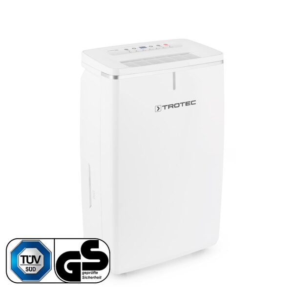 ttk-53-e-1-5c35e2f0627de_691dcf54d1b2c Trotec TTK 53 E, bijeli odvlaživač zraka, prednji perspektivni pogled sa zelenim pokazivačem vlage.